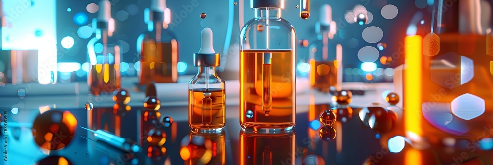 Aufkleber Close-up shot of glass bottles filled with serum and droplets of liquid on a laboratory tabletop. Generative AI