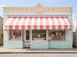 a store front with a red and white striped awning
