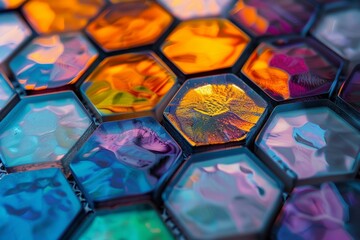 Vibrant Close-Up of a Hexagonal Mosaic with Multicolored, Textured Surfaces Reflecting Light