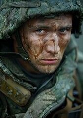 Portrait of a young soldier with blood on his face