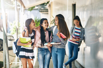 Campus, students or conversation walking to class with friends for learning, education and development. Happy, girls or group together at school talking for networking, connection and bonding