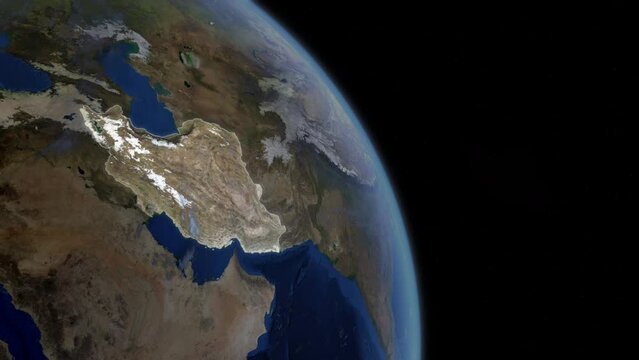Fly Zoom into Iran, Tehran, through space to see the country map region from above from space. Detailed map Showing area, HD and 4K. Animation.