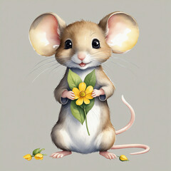 Charming Watercolor Illustration of a Cute Mouse with a Yellow Flower - Clip Art on a White Background