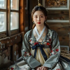 Fototapeta premium Portrait of a young woman in traditional Korean dress, the hanbok
