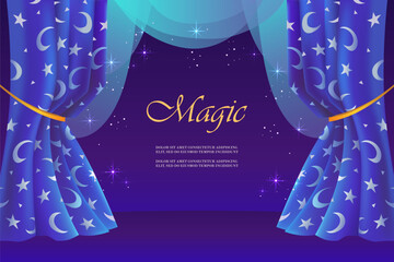 Magic show. Theater stage. Beautiful night curtains. Moon and stars. Blue dark background. Vector illustration. Horizontal isolated template for landing page, business card, flyer, banner