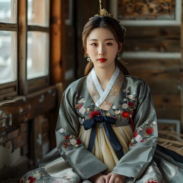 Portrait of a young woman in traditional Korean dress, the hanbok