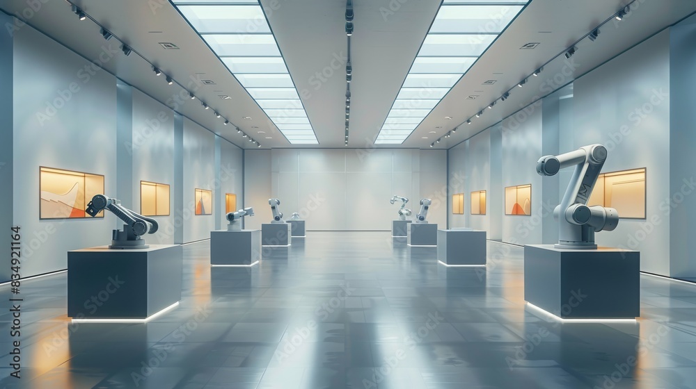 Aufkleber an empty square room, showcasing a modern robot arms machines, displayed on plinths in lines, square