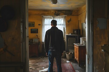Man standing in a room with a broken window