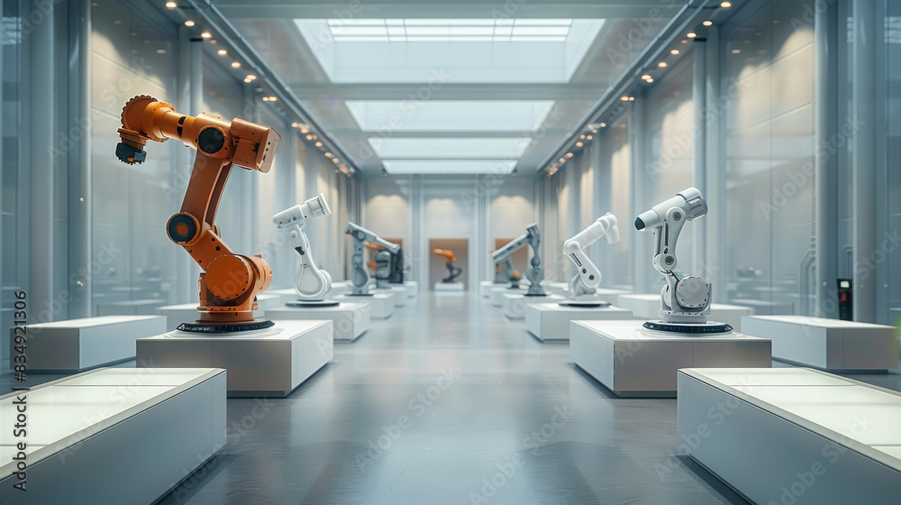 Poster An empty square room, showcasing a modern robot arms machines, displayed on plinths in lines, square grid. Generative AI.
