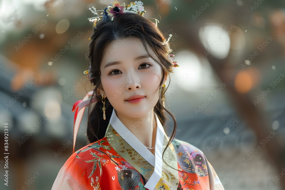 Wall mural portrait of a young woman in traditional korean dress, or hanbok