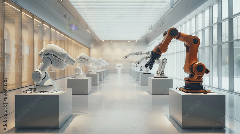 Poster an empty square room, showcasing a modern robot arms machines, displayed on plinths in lines, square
