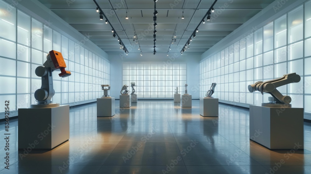 Poster An empty square room, showcasing a modern robot arms machines, displayed on plinths in lines, square grid. Generative AI.