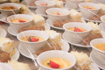 A simple breakfast of cheese sponge cake, crispy fried bananas and Creme brulee with caramel crust, a simple but very delicious dessert
