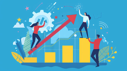 Fototapeta premium Minimalist flat design showing three individuals ascending a ladder, representing collaborative business success