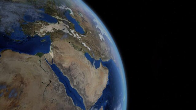 Fly Zoom into Israel, Jerusalem, Tel Aviv, through space to see the country map region from above from space. Detailed map Showing area, HD and 4K. Animation.