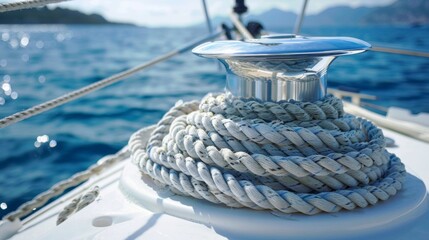 Obraz premium White rop on luxury yacht in sea water.