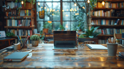 A close-up view of a rustic wooden desk featuring a laptop, various notepads, and colorful pens, against a blurry background of bookshelves filled with books. Generative AI.