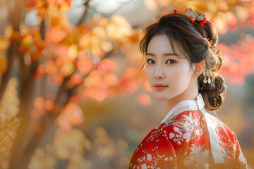 Portrait of a beautiful Korean woman in traditional Hanbok dress
