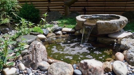 A tranquil Japanese rock garden with medicinal herbs and a bamboo fountain creates a serene atmosphere.