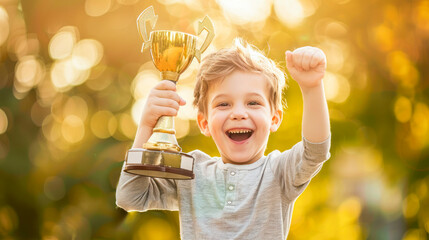 Little boy celebrates victory holding his golden trophy outdoors at sunset. Happy boy 5 years old with golden winning cup. Success, young winner, champion, child prodigy, sport, education, prize cup