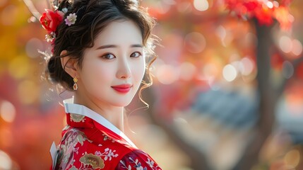Portrait of a beautiful young Korean woman in traditional Korean dress, or Hanbok