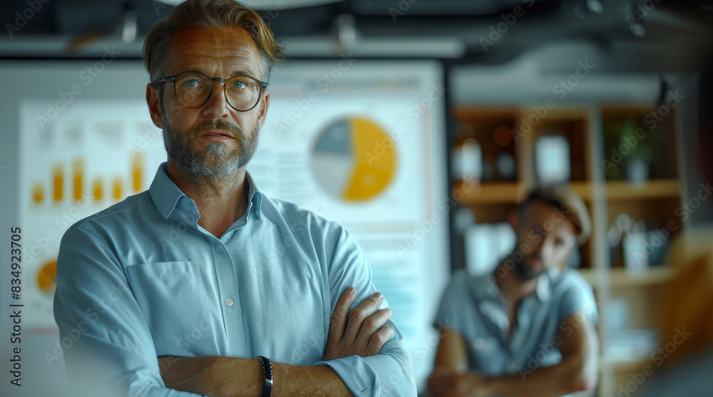 Aufkleber A man is standing in front of a projector, explaining a marketing strategy to his team. He is a project manager. Generative AI.