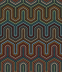 Seamless geometric pattern with horizontal multicolored dotted lines in a modern tribal style. African ethnic design with colorful small dots on a black background. 