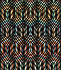 Seamless geometric pattern with horizontal multicolored dotted lines in a modern tribal style. African ethnic design with colorful small dots on a black background.