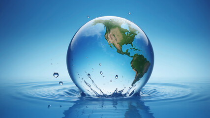 World environment day, the earth is in a water droplet on a blue background with water droplets, emphasizing the planet's continents and oceans