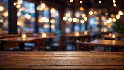 Empty wooden table top with lights bokeh on blur restaurant background.