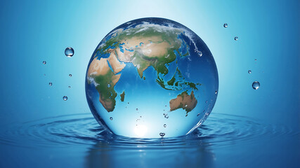 Obraz premium World environment day, the earth is in a water droplet on a blue background with water droplets, emphasizing the planet's continents and oceans