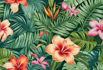Fototapeta premium Lush Tropical Paradise: Exotic Floral Tile Pattern with Vibrant Botanical Illustrations