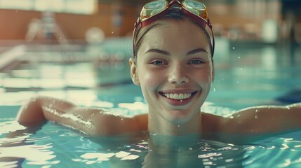 Portrait of a smiling female swimmer in water in pool