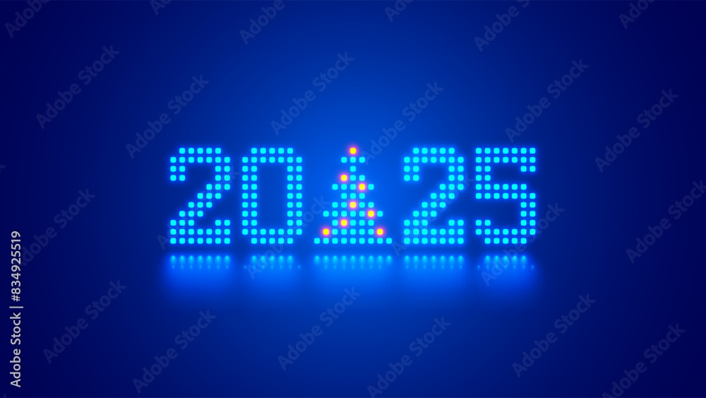 Poster 2025 digits, christmas tree consist glowing pixels in technology style on blue background. new year 