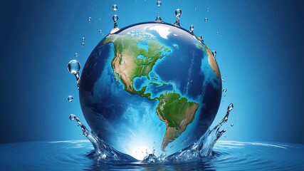 World environment day, the earth is in a water droplet on a blue background with water droplets, emphasizing the planet's continents and oceans