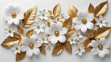 White flowers with golden leaves on white background. White and golden luxury 3d floral background