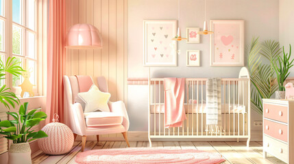 Cozy baby room interior with crib and armchair