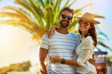 Couple, people and smile on hug in outdoor with sunglasses for summer holiday, relax and fun in...
