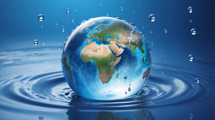 World environment day, the earth is in a water droplet on a blue background with water droplets, emphasizing the planet's continents and oceans