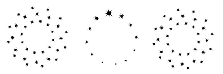 Star in circle icon set. Frame from stars isolated on white background. Abstract decorative pattern. Circle with black star icon. Vector Illustration .