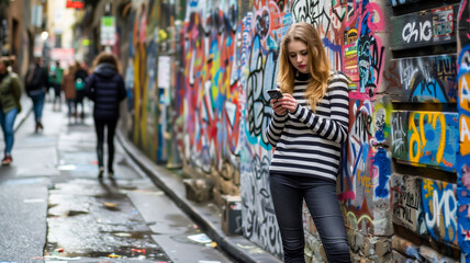 Obraz premium Young woman in striped sweater checking phone in graffiti alley