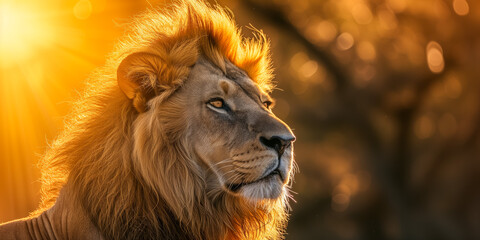 Fototapeta premium Majestic lion basking in golden sunlight at sunset