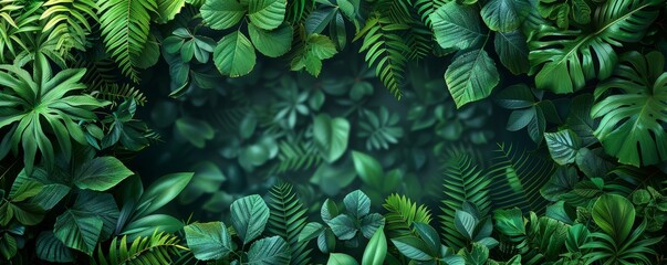 Fototapeta premium Lush tropical leaves frame a serene green background in nature