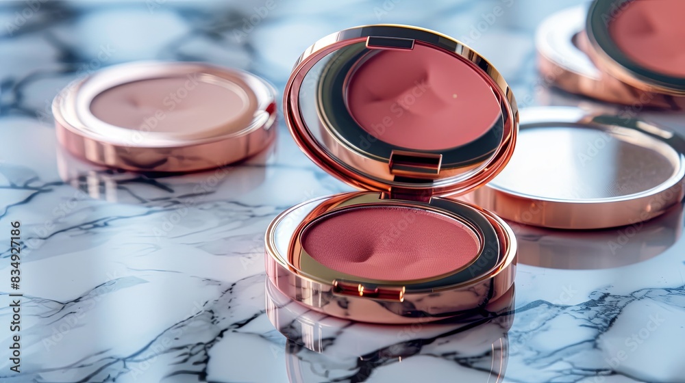 Poster Close-up image of compact cases with powder and blush resting on a marble surface. Generative AI