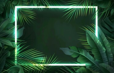 Tropical leaves framed with neon light creating a modern jungle atmosphere