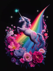 A mesmerizing illustration that captures the essence of fantasy, showcasing a unicorn in flight above a radiant rainbow, framed by a kaleidoscope of flowers. The unicorn shimmers with neon colors, and