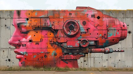 Colorful graffiti mural of a futuristic face with a mechanical head.