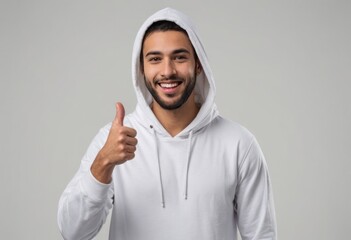 A man in a white hoodie gives a thumbs-up, presenting a relaxed yet positive attitude.
