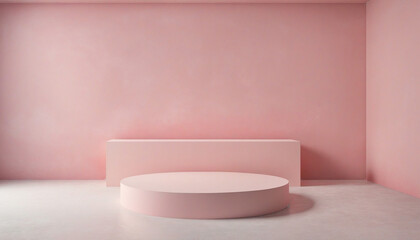 Minimalist pink geometric backdrop with abstract podium on white floor and wall, creating a soft three-dimensional display for showcasing products in a summer-themed studio room