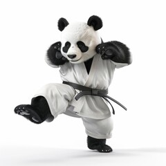 A panda in uniform practicing karate with white background.